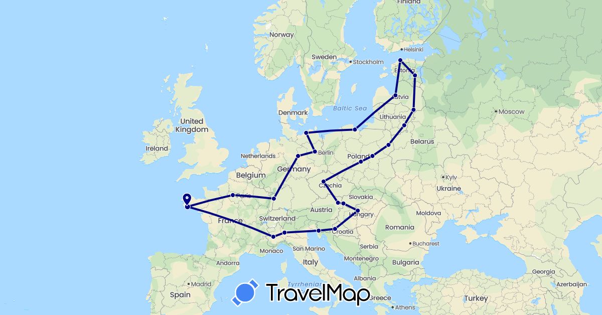 TravelMap itinerary: driving in Austria, Czech Republic, Germany, Estonia, France, Croatia, Hungary, Italy, Lithuania, Latvia, Poland, Slovakia (Europe)